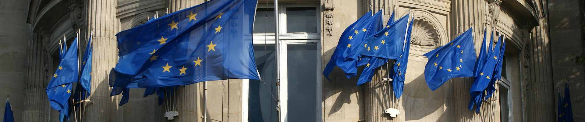 EU flags waving on a building